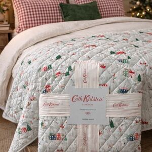 Cath Kidston London Christmas Snow Day Duck Egg Queen Quilt Bedspread New